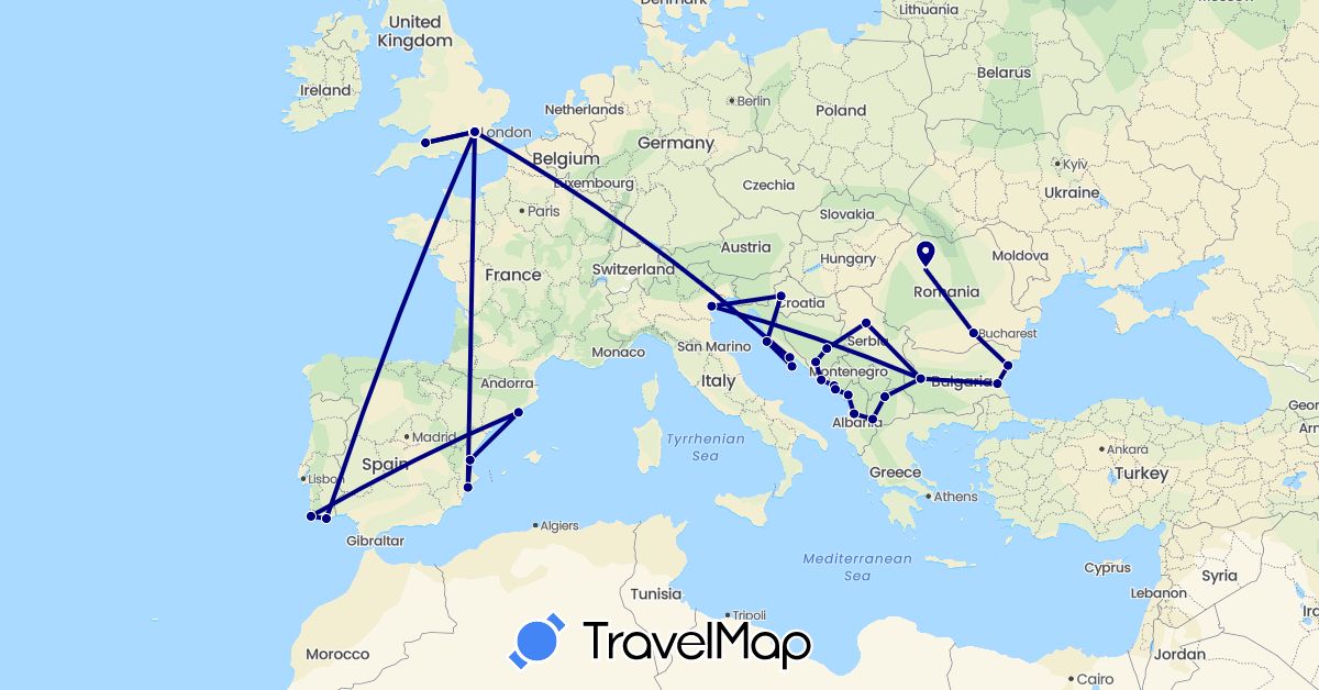 TravelMap itinerary: driving in Albania, Bosnia and Herzegovina, Bulgaria, Spain, United Kingdom, Croatia, Italy, Montenegro, Macedonia, Portugal, Romania, Serbia (Europe)